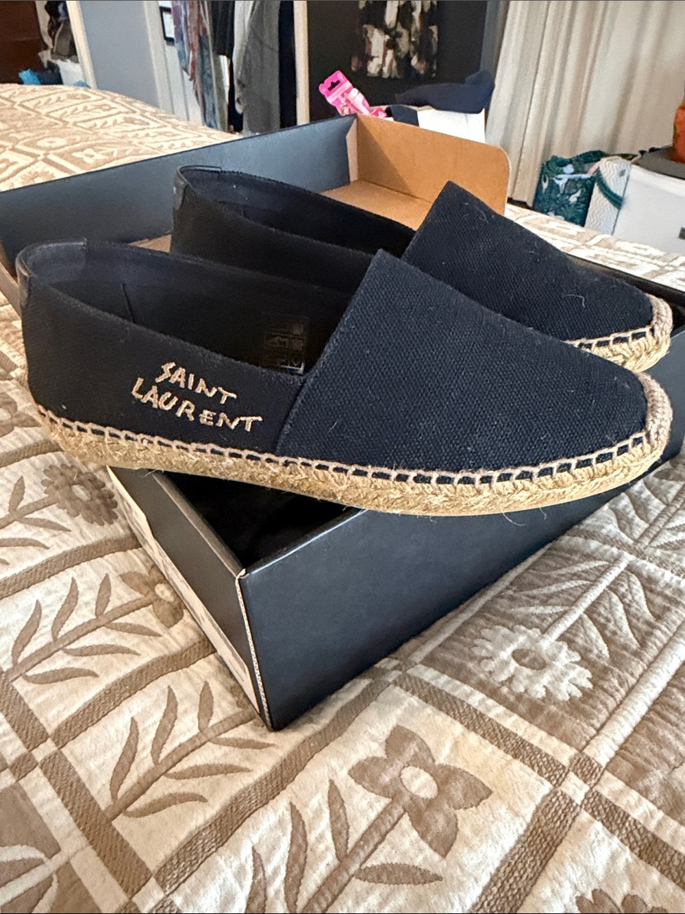 Saint Laurent Black Canvas Espadrilles with Natural Jute Sole